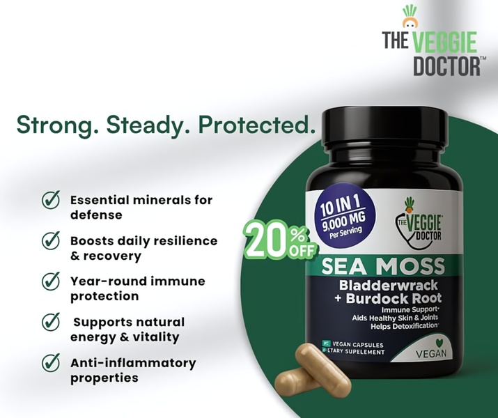 A clean, list-style product ad for Sea Moss capsules that highlights core health benefits alongside a clear 20% discount offer.